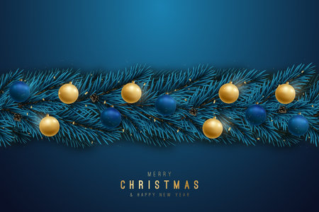 Seamless garland with realistic fir tree branches, lights and shiny baubles. Spruse border. Vector template for Christmas greeting cards, invitations, sale banners, web site, etc.の素材 [FY310160880651]