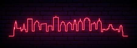 Red neon skyline of Rochester. Bright Rochester City long banner. Vector illustration.のイラスト素材