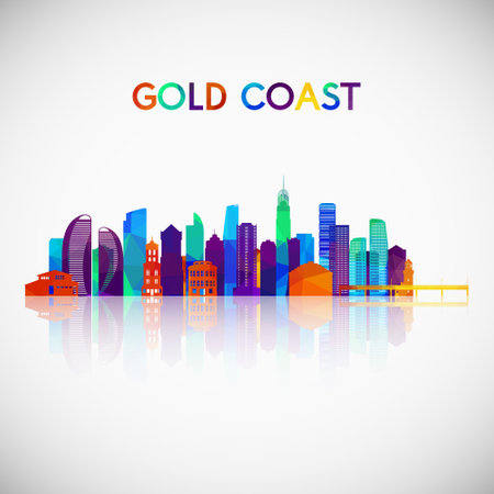 Gold Coast skyline silhouette in colorful geometric style. Symbol for your design. Vector illustration.のイラスト素材
