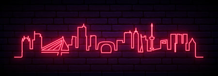 Red neon skyline of Rotterdam. Bright Rotterdam City long banner. Vector illustration.のイラスト素材