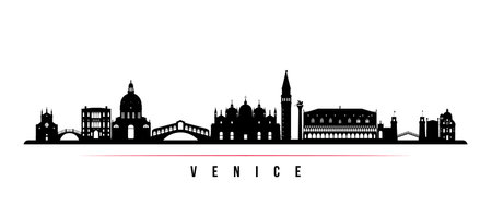 Venice skyline horizontal banner. Black and white silhouette of Venice City, Italy. Vector template for your design.のイラスト素材