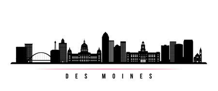 Des moines skyline horizontal banner. Black and white silhouette of Des moines City, Iowa. Vector template for your design.のイラスト素材
