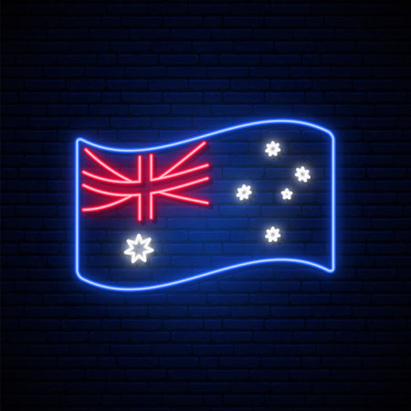Australia flag neon sign. Glowing Australia flag isolated on dark brick wall background. Stock vector illustration.のイラスト素材