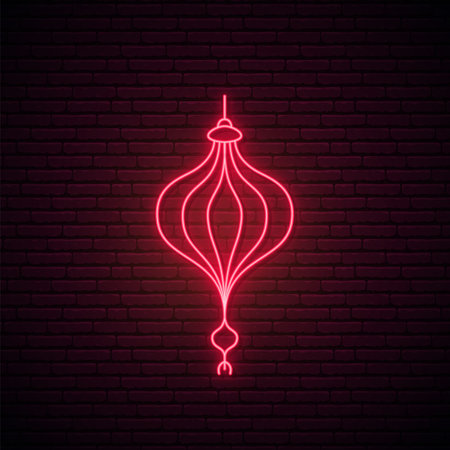 Chinese lantern neon sign. Glowing red decorative lantern for Chinese New Year celebration. Night signboard. Vector illustration in trendy neon style.のイラスト素材