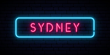 Sydney neon sign. Bright light signboard. Vector banner.のイラスト素材