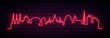 Red neon skyline of Hanover. Bright Hanover City long banner. Vector illustration.のイラスト素材