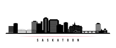 Saskatoon skyline horizontal banner. Black and white silhouette of Saskatoon, Canada. Vector template for your design.のイラスト素材