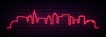 Red neon skyline of Raleigh. Bright Raleigh City long banner. Vector illustration.のイラスト素材