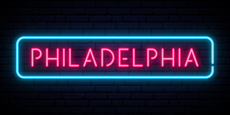 Philadelphia neon sign. Bright light signboard. Vector banner.のイラスト素材