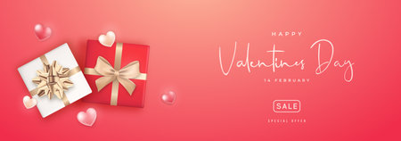 Long Horizontal Valentine's Day Sale Banner. Realistic gift box and hearts on red background. Promo discount banner. Stock vector illustration.のイラスト素材