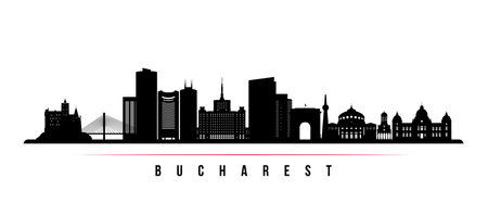 Bucharest skyline horizontal banner. Black and white silhouette of Bucharest, Romania. Vector template for your design.のイラスト素材
