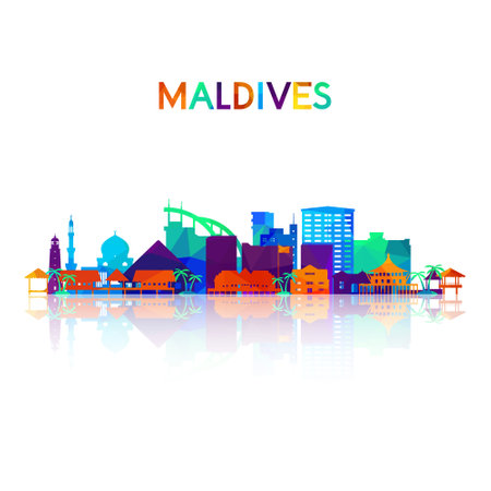 Maldives skyline silhouette in colorful geometric style. Symbol for your design. Vector illustration.のイラスト素材
