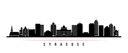 Syracuse skyline horizontal banner. Black and white silhouette of Syracuse, New York. Vector template for your design.のイラスト素材