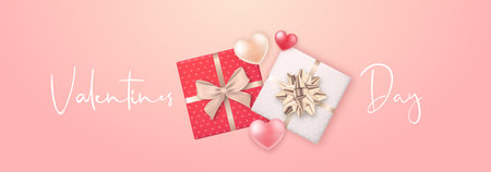 Long Horizontal Valentine's Day Banner. Realistic gift boxes and 3d hearts. Festive banner for promo designs and special offers. Vector illustration.のイラスト素材