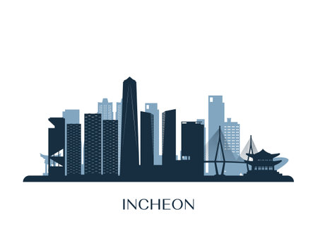 Incheon skyline, monochrome silhouette. Vector illustration.のイラスト素材