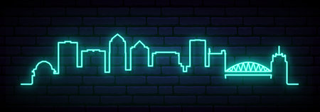 Blue neon skyline of Albuquerque. Bright Albuquerque City long banner. Vector illustration.のイラスト素材