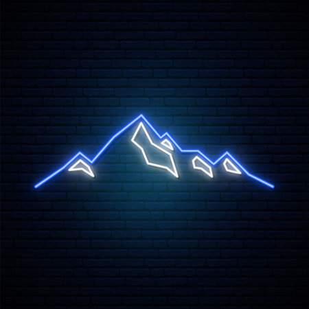 Neon Mountains icon on dark brick wall background. Bright tourist design. Vector illustration in neon style.のイラスト素材