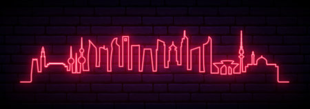 Red neon skyline of Kuwait city. Bright Kuwait city City long banner. Vector illustration.のイラスト素材