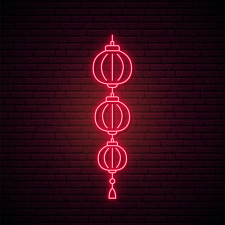 Neon Chinese lantern sign. Decorative paper lantern on brick background. Bright light banner for Chinese New Year. Stock vector illustration.のイラスト素材
