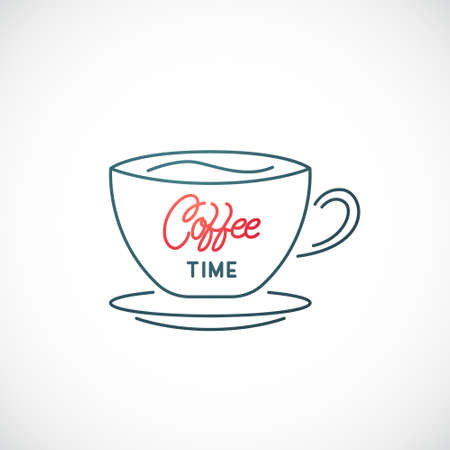 Coffee cup line icon isolated on white background. Coffee time lettering. Cafe emblem. Stock vector illustration.のイラスト素材