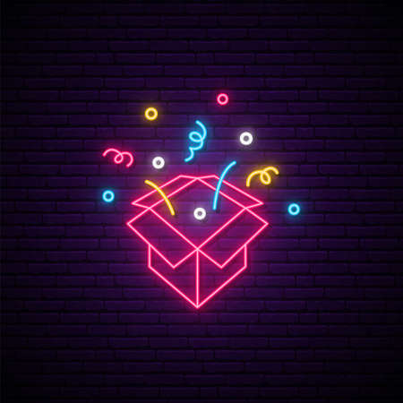 Neon gift box sign. Glowing present box icon in neon style. Promotion or sale concept. Vector illustration.のイラスト素材