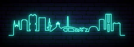 Blue neon skyline of Brasilia. Bright Brasilia City long banner. Vector illustration.のイラスト素材