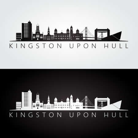 Kingston Upon Hull skyline and landmarks silhouette, black and white design, vector illustration.のイラスト素材