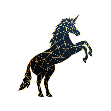 Polygonal golden Unicorn emblem. Magical unicorn standing on hind hooves. Vector illustration.のイラスト素材