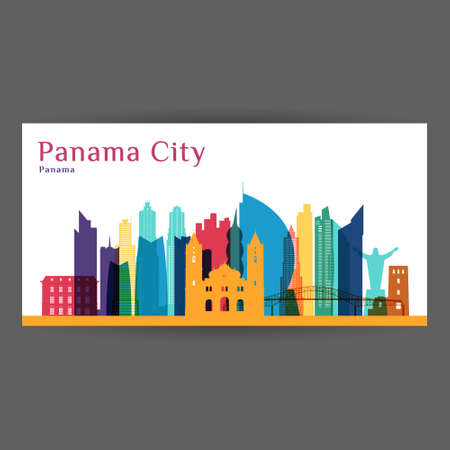 Panama City architecture silhouette. Colorful skyline. City flat design. Vector business card.のイラスト素材