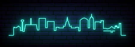 Blue neon skyline of Lansing. Bright Lansing City long banner. Vector illustration.のイラスト素材