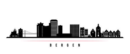 Bergen skyline horizontal banner. Black and white silhouette of Bergen, Norway. Vector template for your design.のイラスト素材