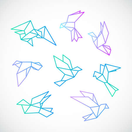 Poligonal dove illustration. Stylized flying dove birds set, isolated on white background. Vector template.のイラスト素材