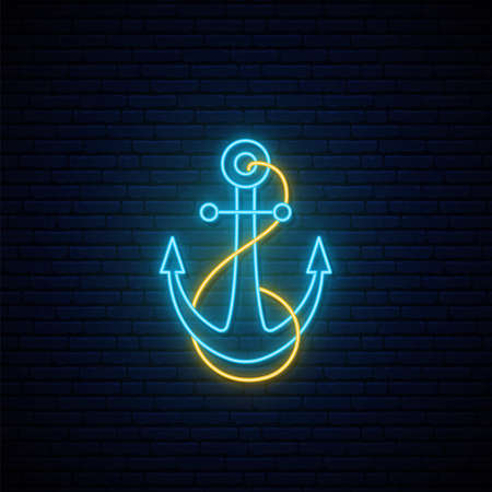 Neon anchor sign. Glowing anchor icon on dark brick wall background. Marine emblem. Stock vector illustration.のイラスト素材