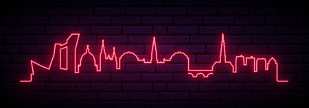 Red neon skyline of Copenhagen. Bright Copenhagen City long banner. Vector illustration.のイラスト素材