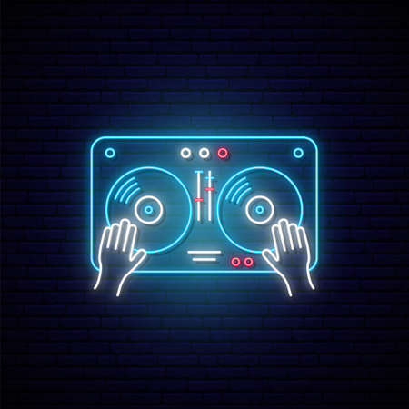 Neon Turntable sign. Glowing sound mixer icon. Hands on DJ mixer. Night bright signboard for dj, party, night club. Vector illustration in neon style.のイラスト素材