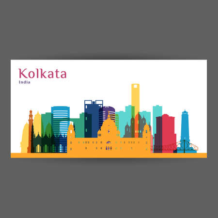 Kolkata city, India architecture silhouette. Colorful skyline. City flat design. Vector business card.のイラスト素材