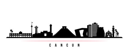 Cancun skyline horizontal banner. Black and white silhouette of Cancun, Mexico. Vector template for your design.のイラスト素材
