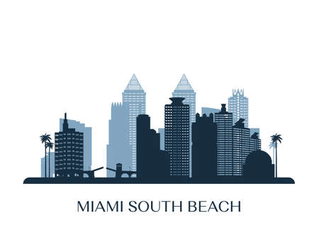 Miami South Beach skyline, monochrome silhouette. Vector illustration.のイラスト素材