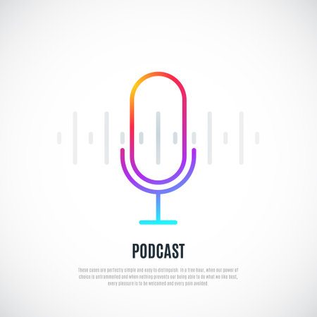 Studio table microphone with broadcast and text Podcast. Vector concept design for podcast or radio show.のイラスト素材