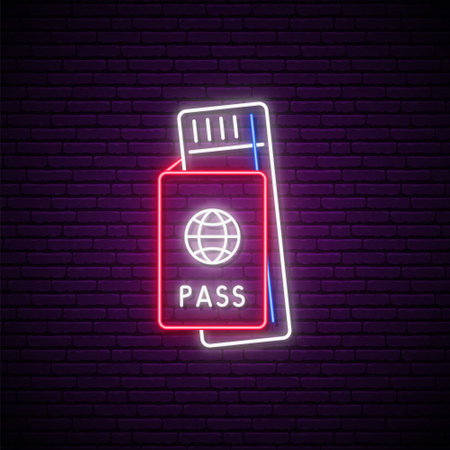 Neon air tickets sign. Glowing banner with neon boarding pass icon. Turistic concept. Vector illustration in neon style.のイラスト素材