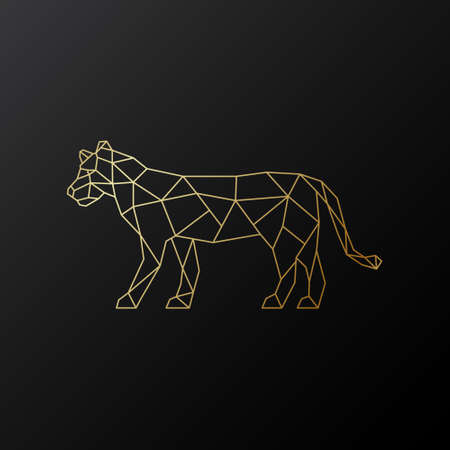 Vector geometric Lioness emblem. Golden Polygonal Lioness illustration on dark background.のイラスト素材