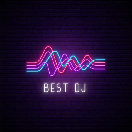 Neon wave sign. Glowing abstract waves and text DJ on brick wall background. Dj music emblem. Vector illustration.のイラスト素材