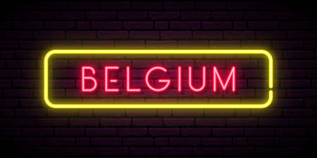 Belgium neon sign. Bright light signboard. Vector banner.のイラスト素材