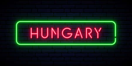Hungary neon sign. Bright light signboard. Vector banner.のイラスト素材