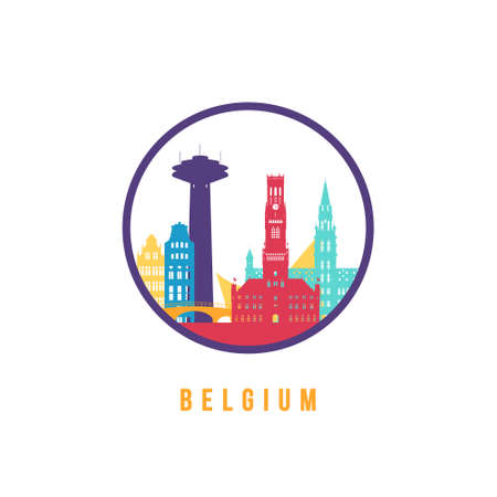 Famous Belgium landmarks silhouette. Colorful Belgium skyline round icon. Vector template for postmark, stamp, badge or logo.のイラスト素材
