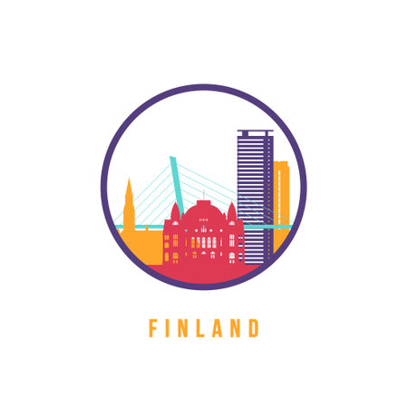 Famous Finland landmarks silhouette. Colorful Finland skyline round icon. Vector template for postmark, stamp, badge or logo.のイラスト素材