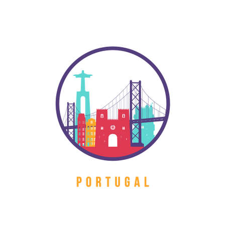 Famous Portugal landmarks silhouette. Colorful Portugal skyline round icon. Vector template for postmark, stamp, badge or logo.のイラスト素材
