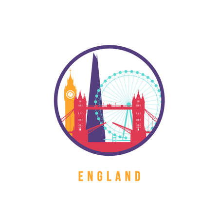 Famous England landmarks silhouette. Colorful England skyline round icon. Vector template for postmark, stamp, badge or logo.のイラスト素材