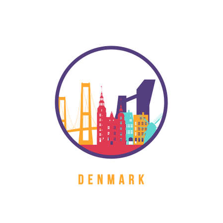 Famous Denmark landmarks silhouette. Colorful Denmark skyline round icon. Vector template for postmark, stamp, badge or logo.のイラスト素材