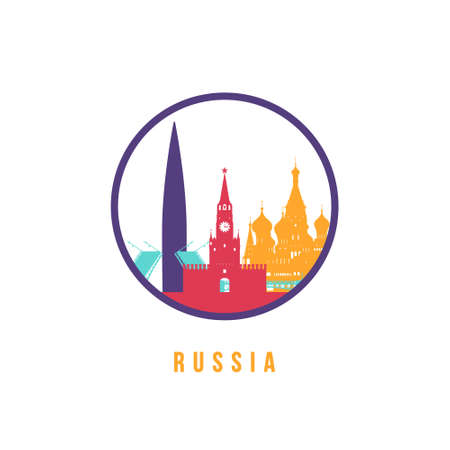 Famous Russia landmarks silhouette. Colorful Russia skyline round icon. Vector template for postmark, stamp, badge or logo.のイラスト素材